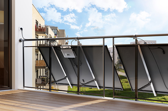 Rückseite eines Balkonkraftwerks mit Solarpaneelen und Wechselrichter, ideal für den Betrieb mit EcoFlow STREAM AC Pro