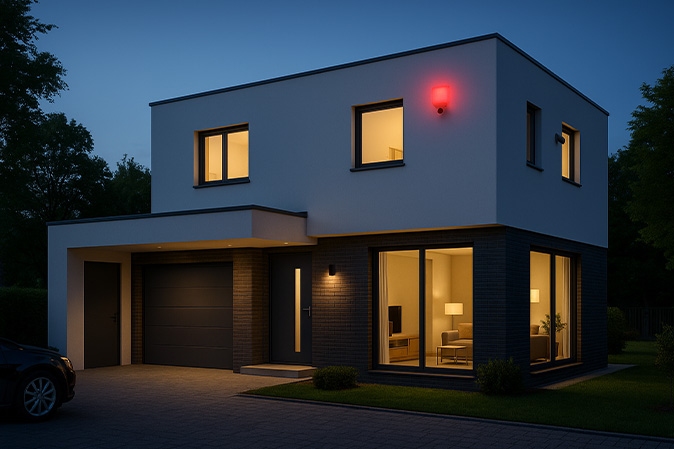 Modernes Wohnhaus mit Flachdach, integrierter Alarmanlage und beleuchteter Garage bei Dämmerung
